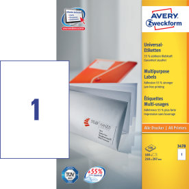 Avery 3478 universaletiketter, 210 x 297 mm, vita