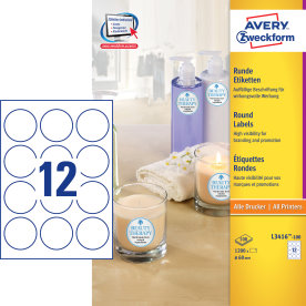 Avery L3416-100 prod.etiketter, 60 mm, runda, vita