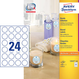 Avery L3415-100 prod.etiketter, 40 mm, runda, vita