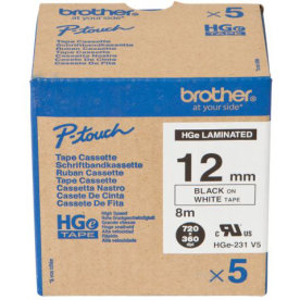 Brother HGe231V5 etikettape, 12 mm, svart på vit