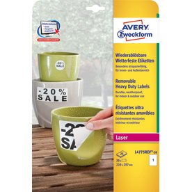 Avery L4775Rev-20 slitstarka etiketter, 210x297 mm