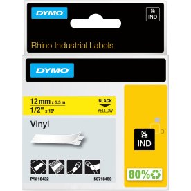 Dymo Rhino Vinyltape 12mm, sort på gul
