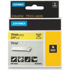 Dymo Rhino Vinyltape 19mm, sort på gul