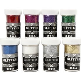 Glitterdrys, ass. farver, 8x20 g