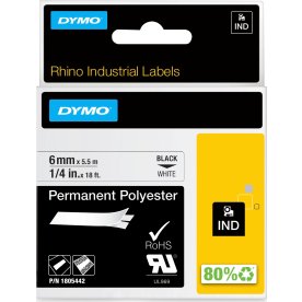 Dymo Rhino Permanent Polyester, 6 mm, svart på vit