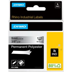 Dymo Rhino Permanent Polyester, 9 mm, svart på met