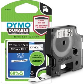Dymo D1 Durable etikettape 12mm, svart på vit