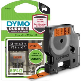Dymo D1 Durable etikettband 12mm, svart på orange