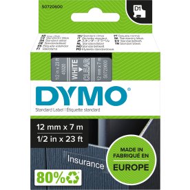 Dymo D1 etikettband 12mm, vit på klar
