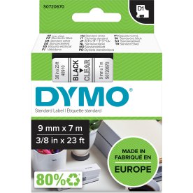 Dymo D1 etikettband 9mm, svart på klar