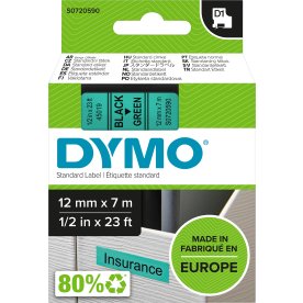 Dymo D1 etikettape, 12 mm, svart på grön