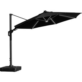 Hängparasoll Ø3,5m m/fot/hjul+överdrag+LED, svart