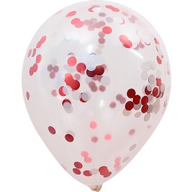 Ballong med konfetti, röd/vit, 30 cm, 5 st.