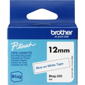 Brother BTAG-233 etikettejp, 12 mm, blå på vit