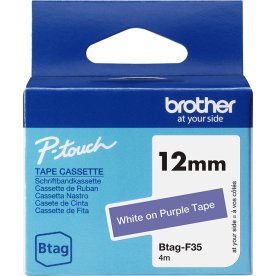 Brother BTAG-F35 etikettejp, 12 mm, vit på lila