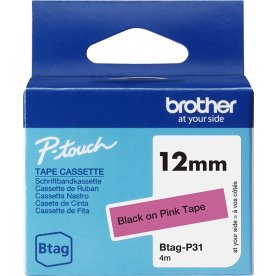 Brother BTAG-P31 etikettejp, 12 mm, svart på rosa