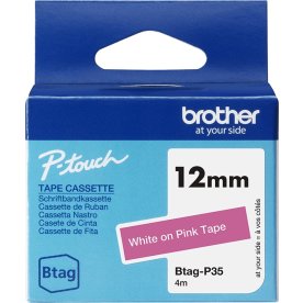 Brother BTAG-P35 etikettejp, 12 mm, vit på rosa