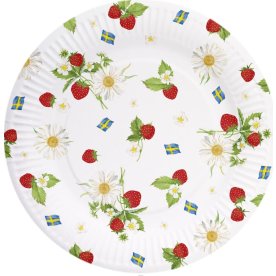 Engångstallrik, SE-flagga + jordgubbar/Ø23cm, 8 st