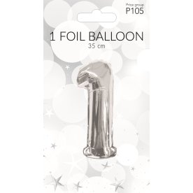 Folieballong, silver, siffran 1, 35 cm