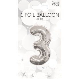 Folieballong, silver, siffran 3 , 35 cm
