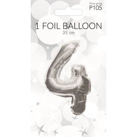 Folieballong, silver, siffran 4, 35 cm