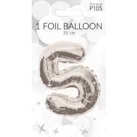 Folieballong, silver, siffran 5, 35 cm