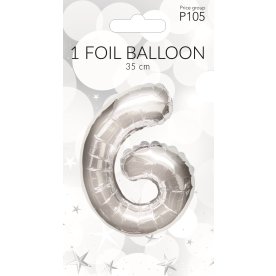 Folieballong, silver, siffran 6, 35 cm