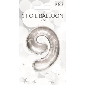Folieballong, silver, siffran 9, 35 cm