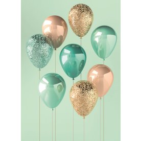 Kort med kuvert, turkosa ballonger, 16,5x11,5 cm.