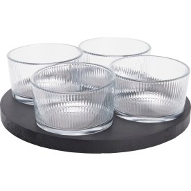 Skålset, 4 glasskålar, svart träbricka