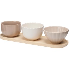 Skålset, 3 stengodsskålar, bambusbricka