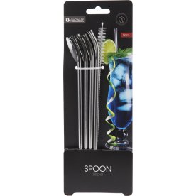 Sugrör med sked, rostfritt stål, 4 sugrör+borste