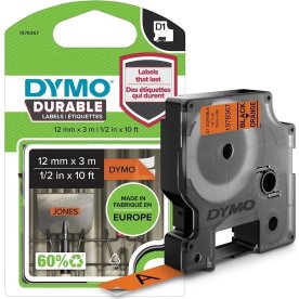 Dymo D1 Durable etikettband 12mm, svart på orange