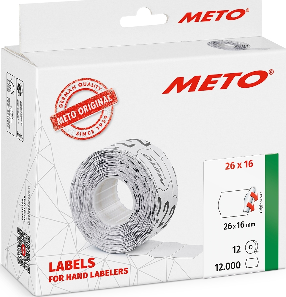 Meto Prisetiketter Perm. 26 x 12 mm vit 12 rl.